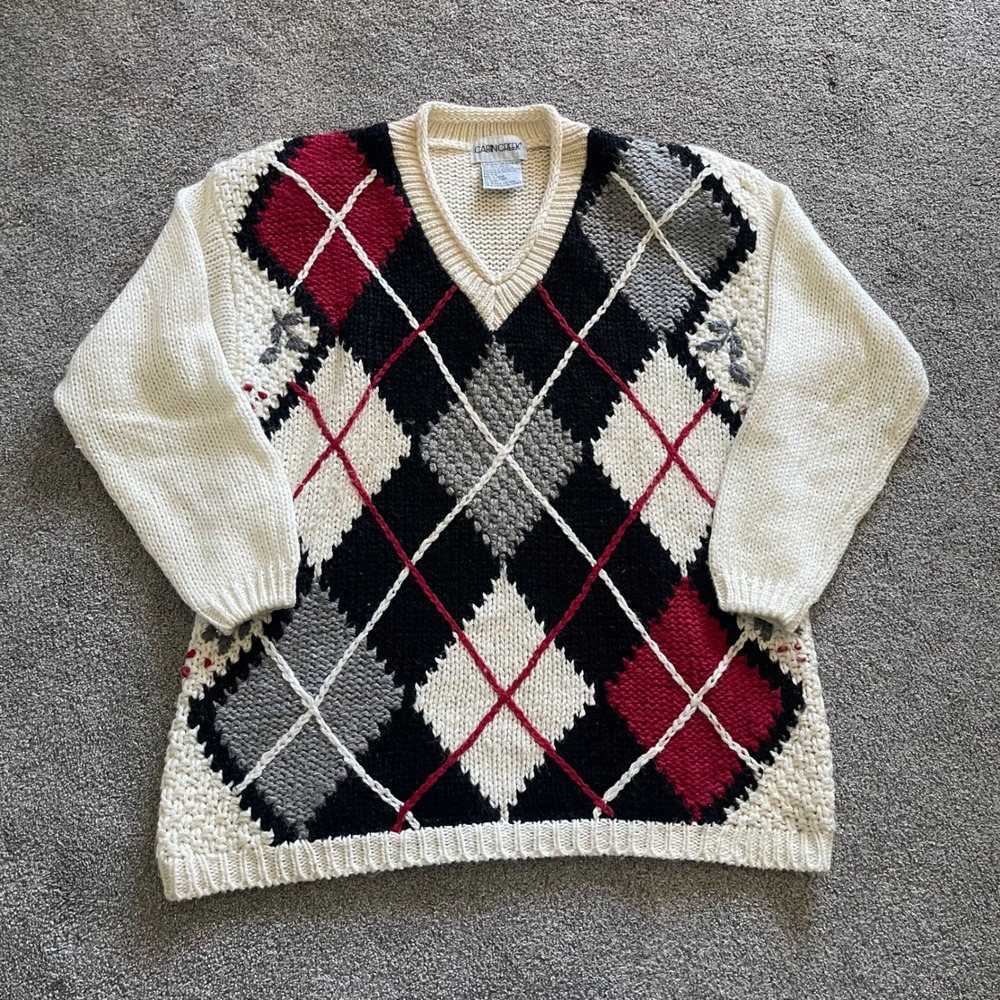 Womens Cabin Creek Argyle Sweater L Cream Red Black Excellent V-Neck Chunky Knit